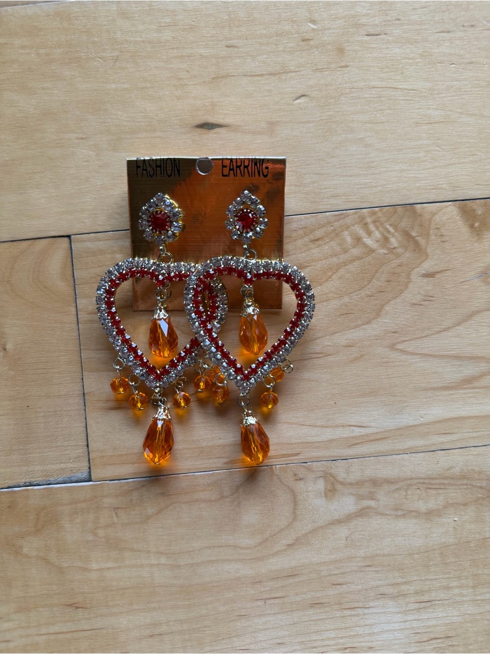 Fashion Heart Drop Earrings - Gold and Orange